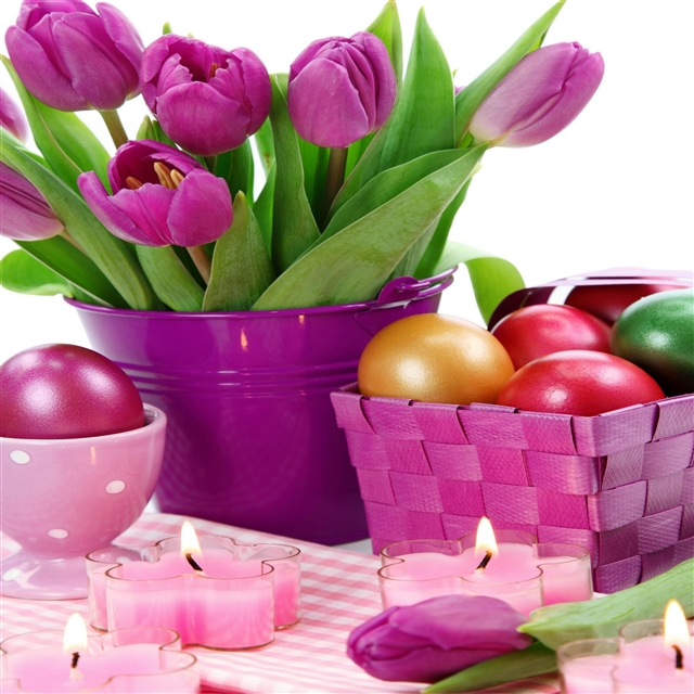 Easter holiday eggs tulips candles basket iPad Pro wallpaper 