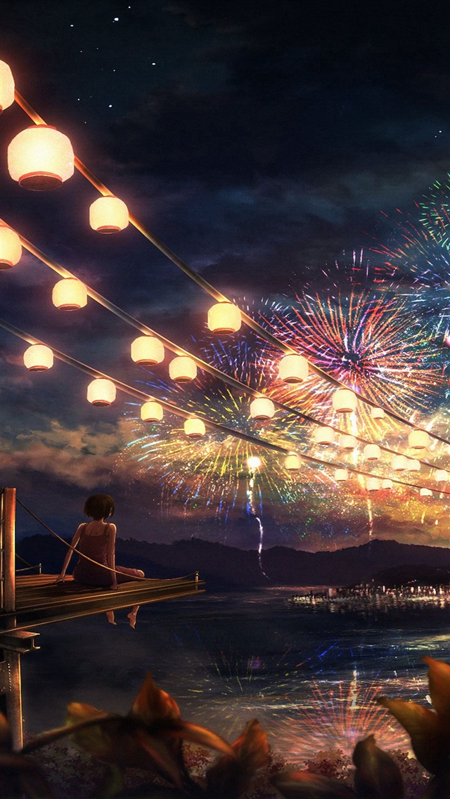 Firework girl dark night anime art iPhone 8 Wallpapers Free Download