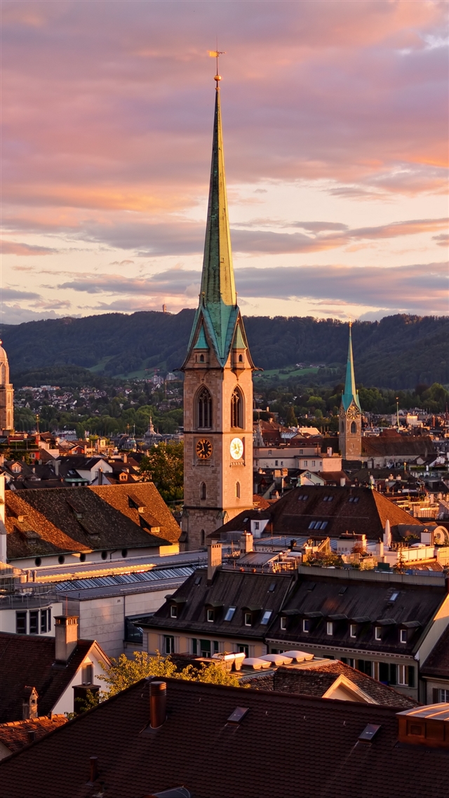 Zurich switzerland roofs buildings sky iPhone 8 wallpaper 