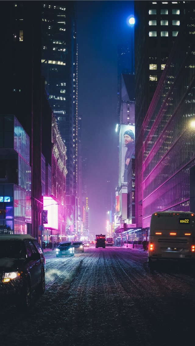 Neon New York under the Snow iPhone 8 wallpaper 