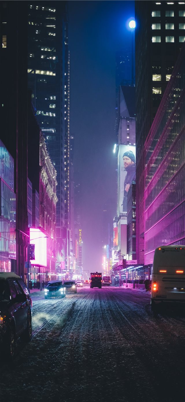 Neon New York under the Snow iPhone X wallpaper 