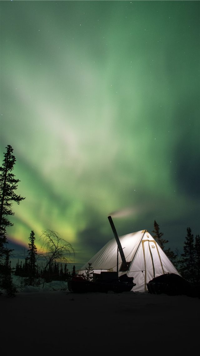 white camping tent and green Arora sky iPhone 8 wallpaper 