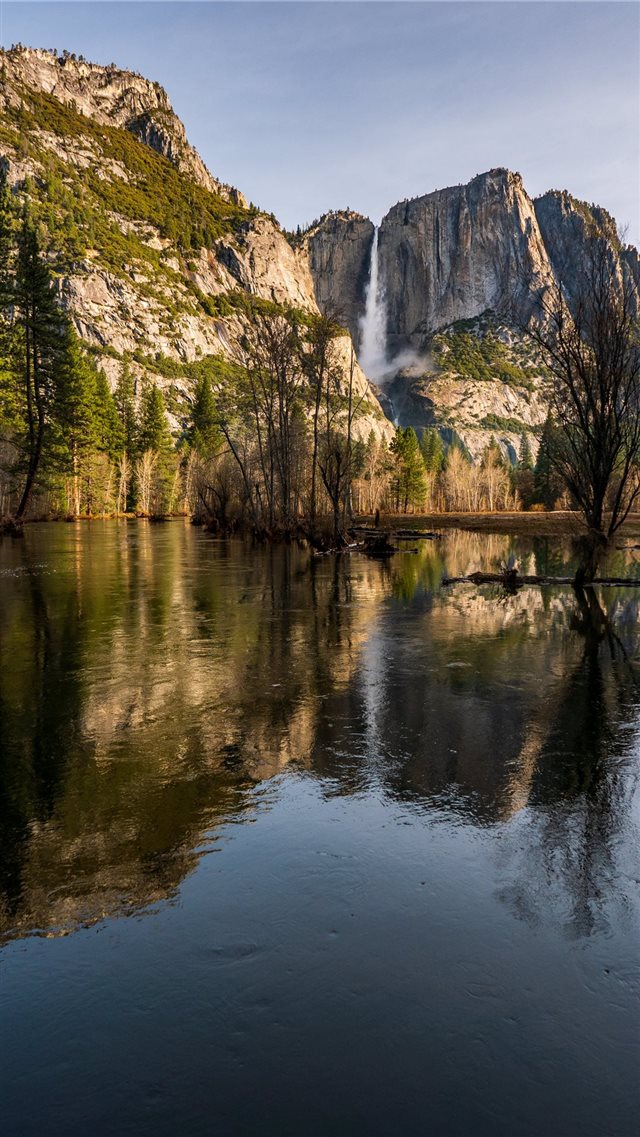 The reflection of Yosemite Falls appears in spring... iPhone 8 wallpaper 