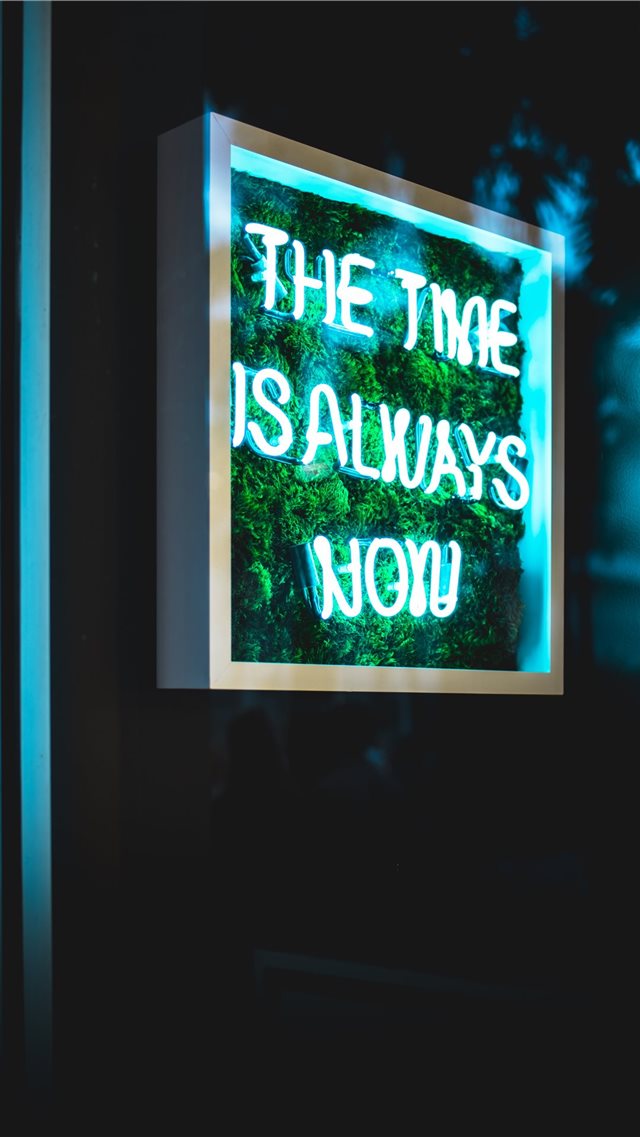 the time is always now neon light signage iPhone 8 wallpaper 
