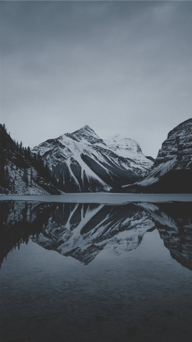 snow mountains and lake undr gray sky iPhone 8 wallpaper 