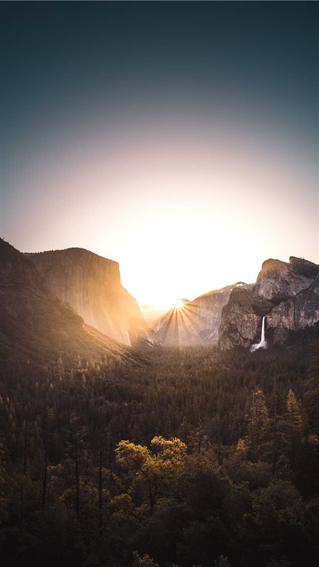 gray mountain surrounded with trees during sunrise iPhone 8 wallpaper 
