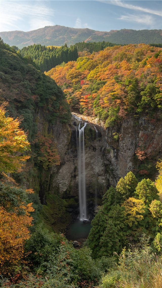 waterfall view surrounded by trees iPhone 8 wallpaper 