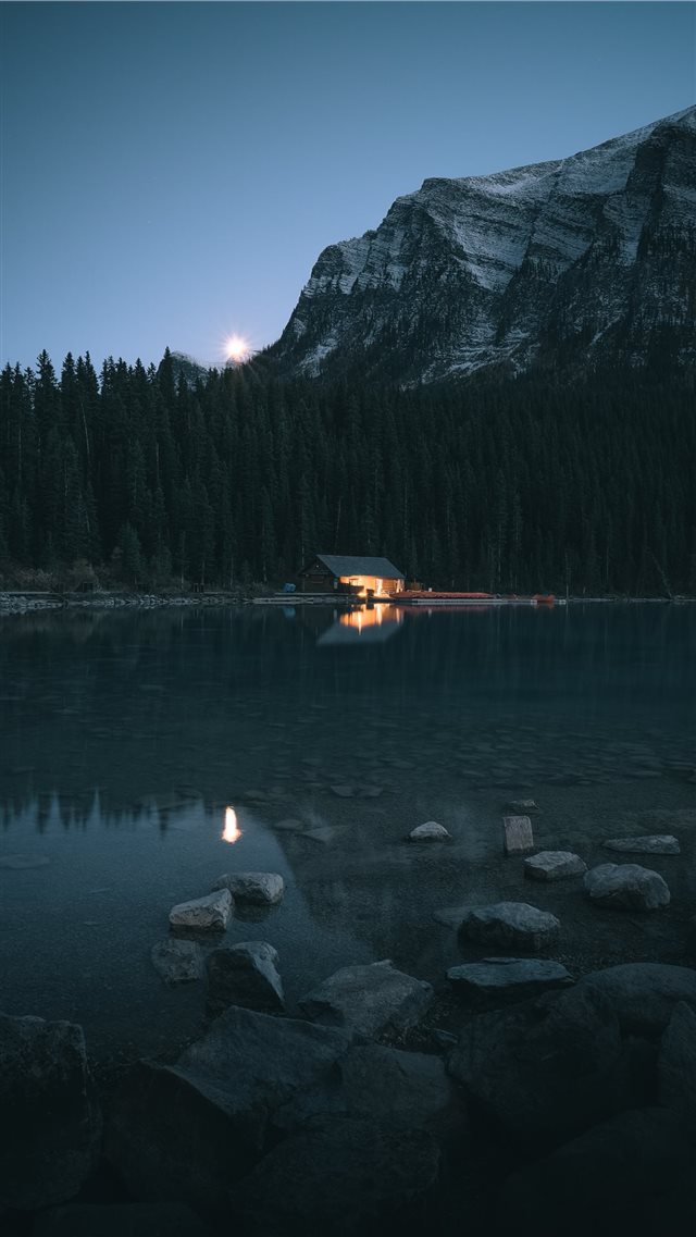 cabin beside lake and trees iPhone 8 wallpaper 