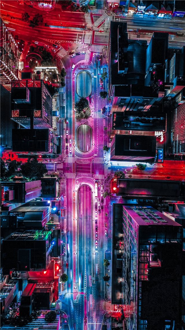 red and blue lights on building iPhone 8 wallpaper 