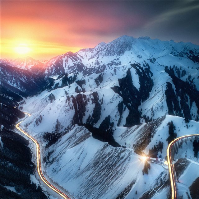 road snow mountains long exposure 4k iPad Air wallpaper 