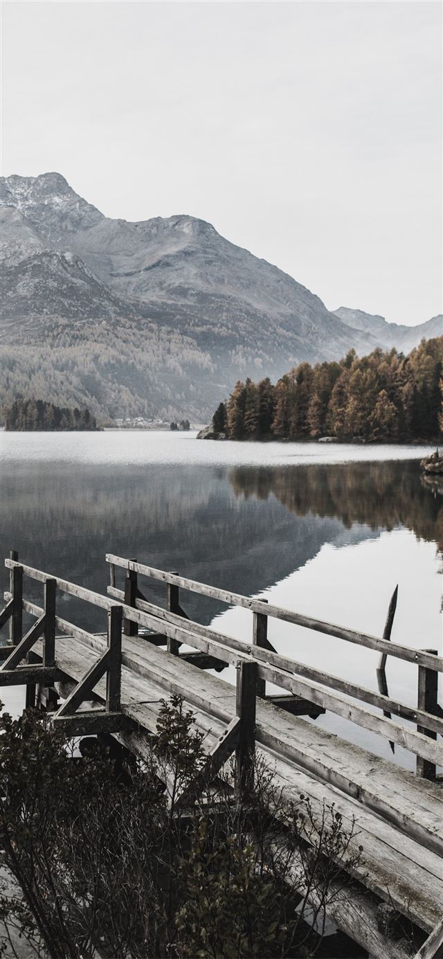 dock near trees and mountain iPhone X wallpaper 