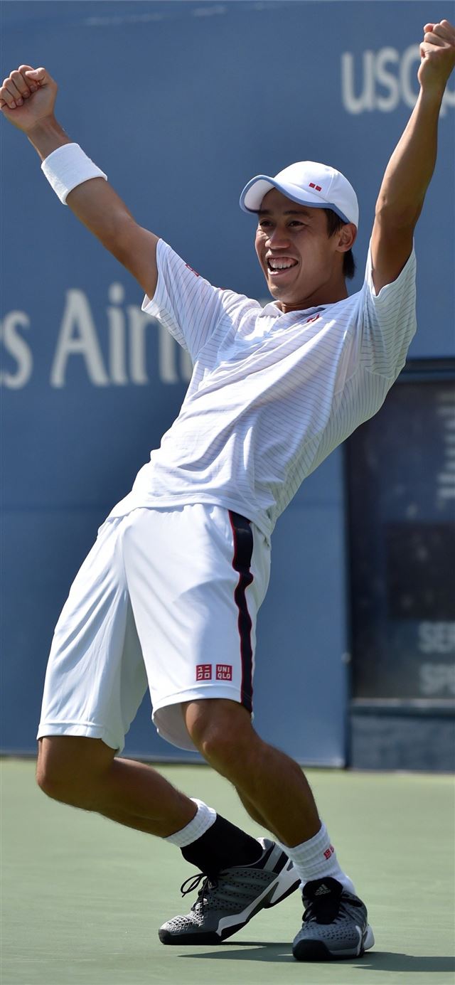 Kei Nishikori celebrates his US Open semifinal vic... iPhone X wallpaper 