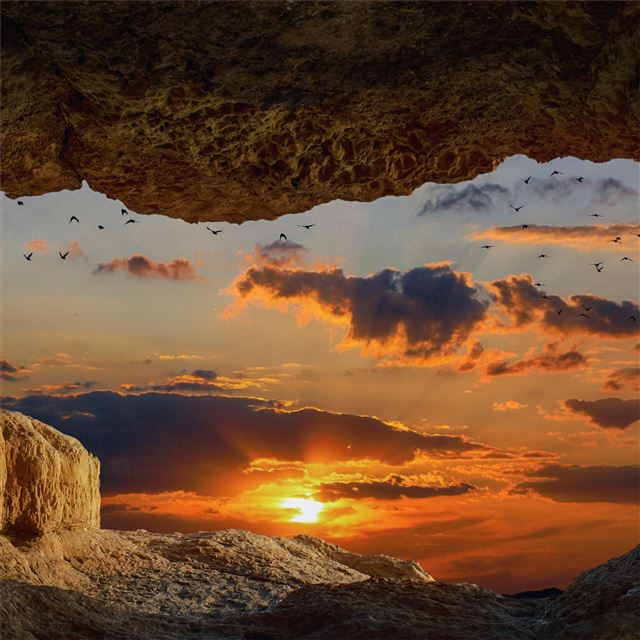 cave rock sunset 8k iPad wallpaper 