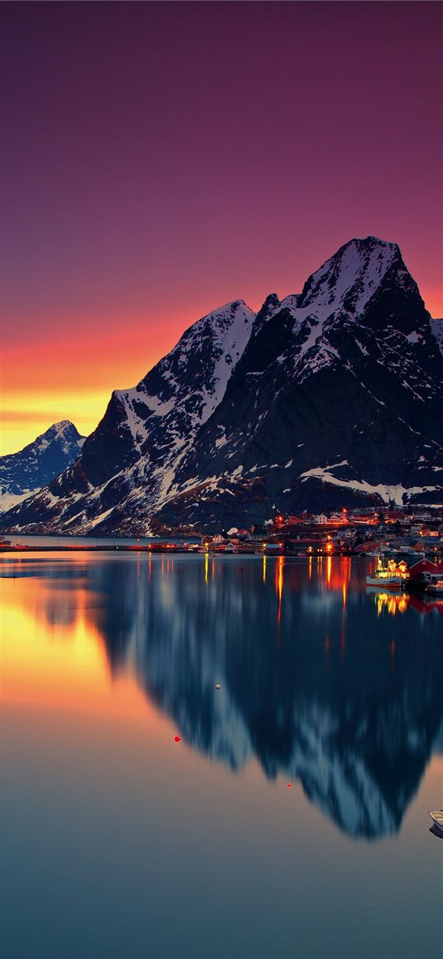 Norway Lofoten islands Europe Mountains sea sunris... iPhone 11 wallpaper 