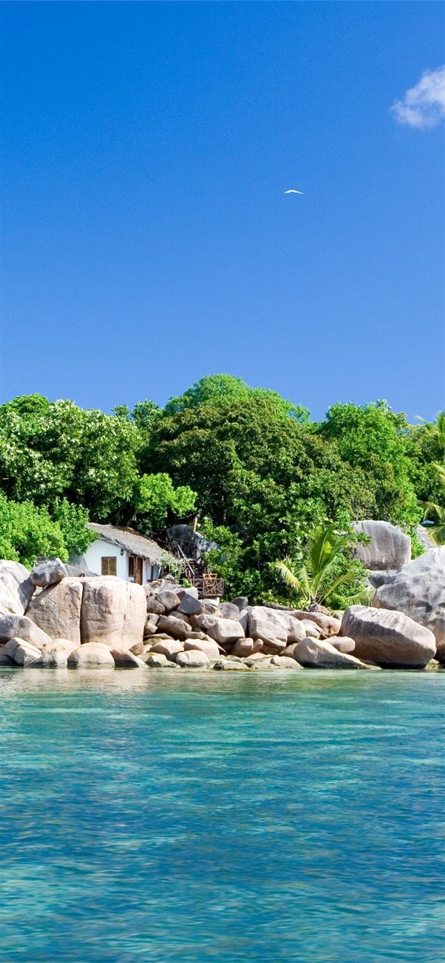 Seychelles Island Trees Ocean Clouds House iPhone X wallpaper 