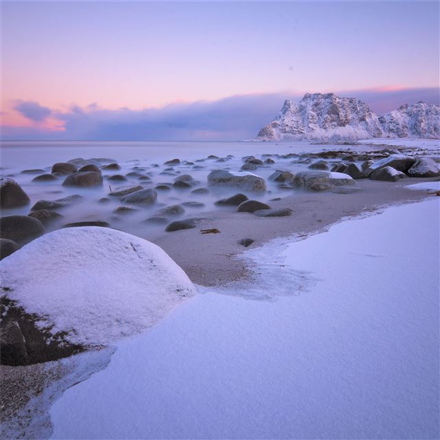 soft snow on uttakleiv beach 5k iPad wallpaper 