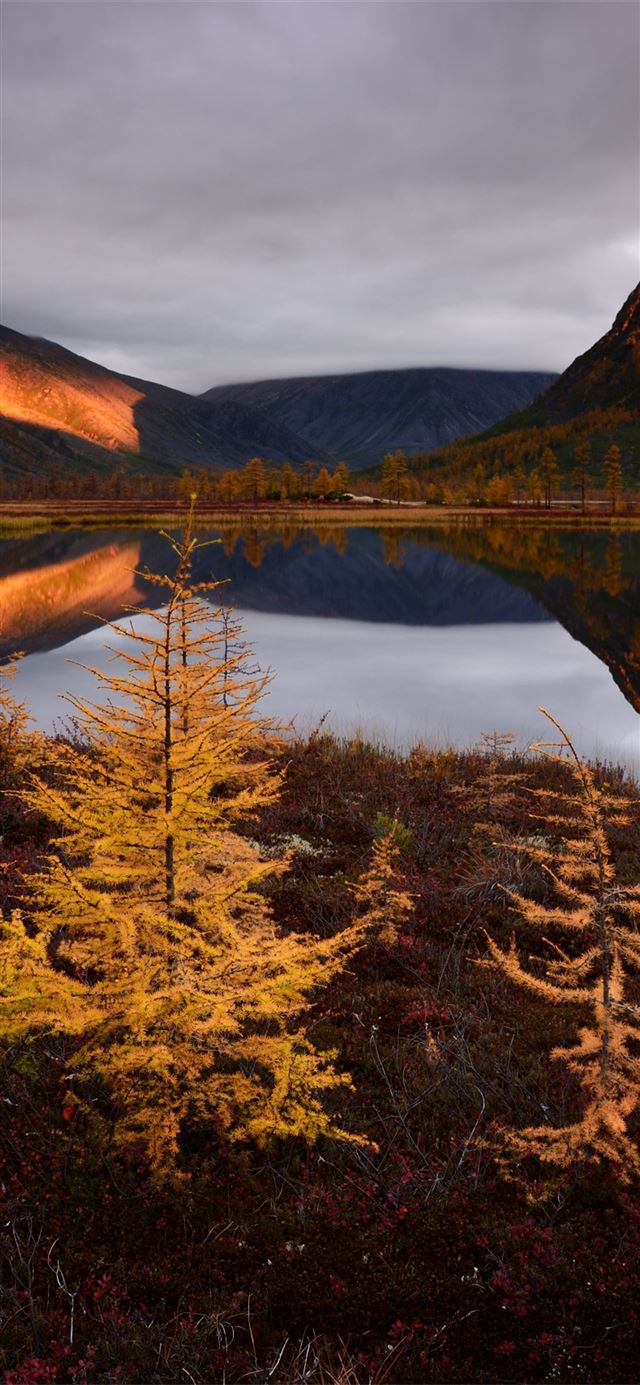 autumn lake reflections fall clouds nature russia iPhone X wallpaper 