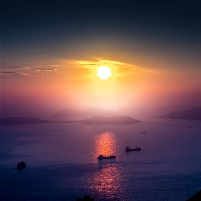 landscape sunrise boat mist mountain horizon iPad Air wallpaper 