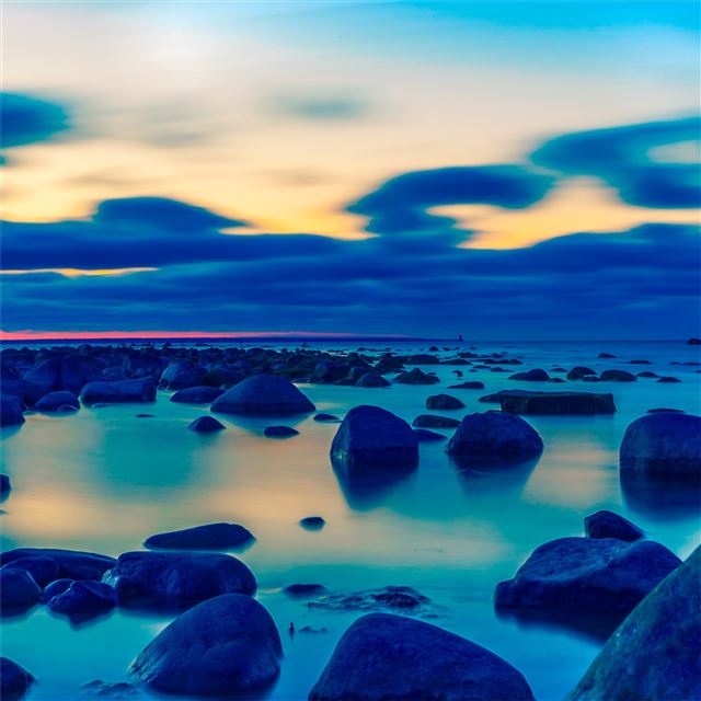 rocks shore beach light landscape 5k iPad wallpaper 