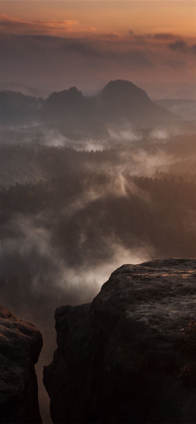 rock hill fog clouds forest sunset 5k iPhone 11 wallpaper 