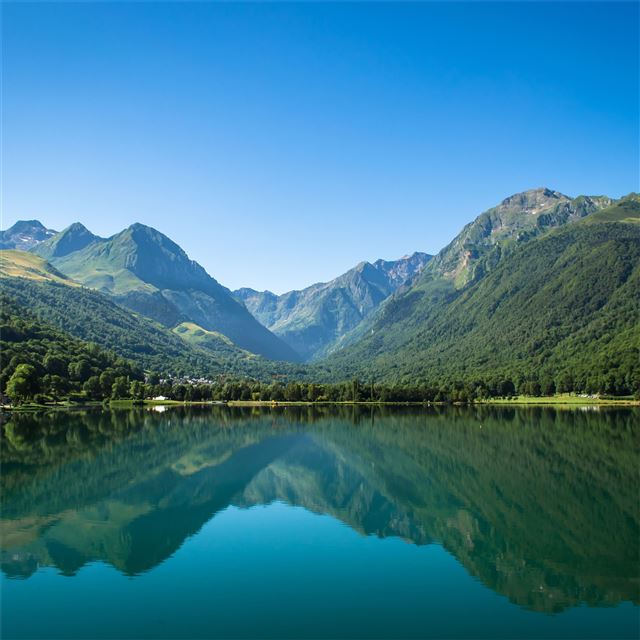 green mountains beside lake 5k iPad Air wallpaper 